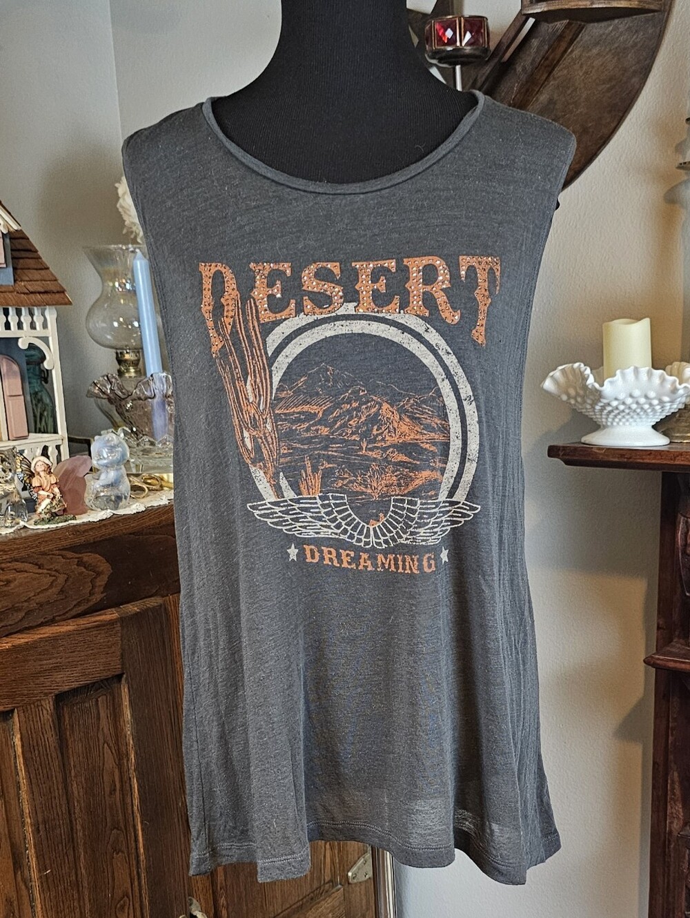 Express Desert Dreaming Graphic Muscle Tank Top Gray Large Rhinestone